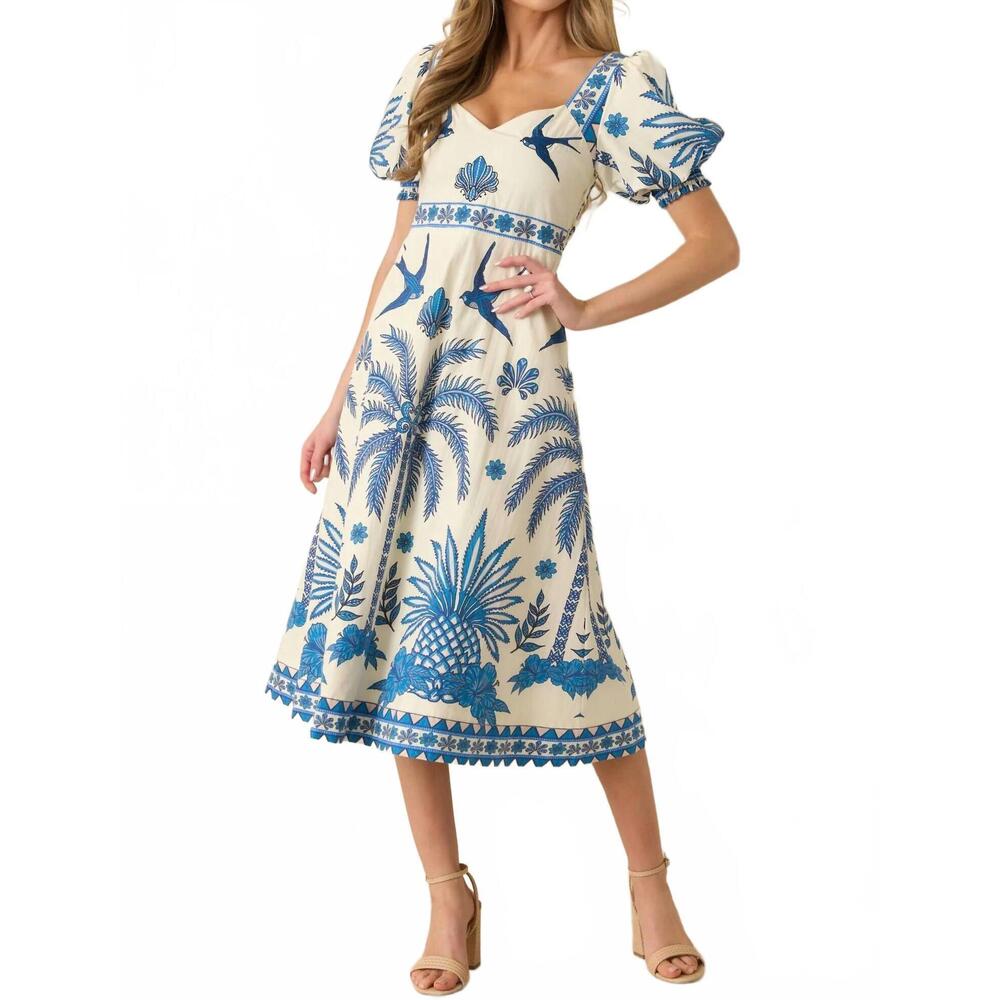 NEW AYLAYA godthab tropical print midi dress in blue & ivory